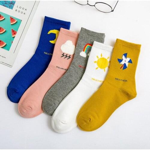 CA0100 5Pairs/Pack Cute Women Socks Cartoon Print Creative Funny Sock Students Casual Cotton Socks Weather Symbol