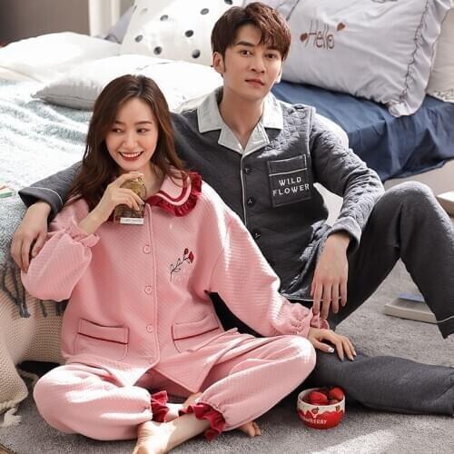 Pure Cotton Air Cotton Interlayer pajamas Couples Lovers Turn-down Collar Button-Down Winter Pajamas Warm comfy Pajama A Set CKE