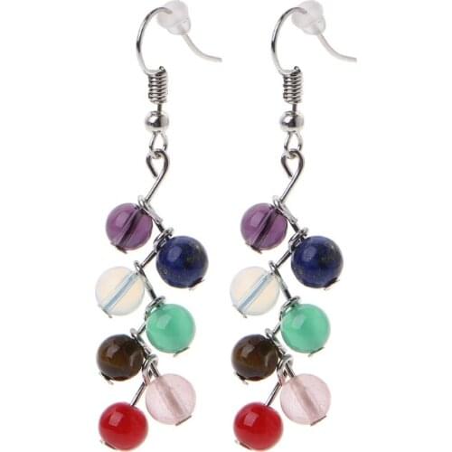 Natural Stone Women Yoga Rainbow 7 Chakra Drop Earrings Healing Stone Jewelry dropship