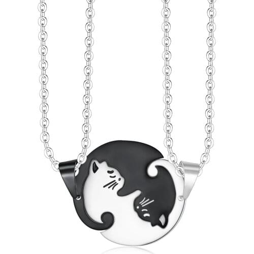 Couple Necklace Black White Puzzle Cat Pendant Animal Women Men Necklaces Chain Link 20Inch Lovers Valentines Day