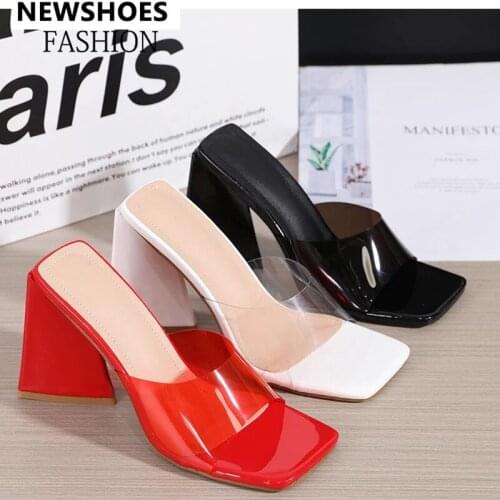 Pofulove Clear Heels Women Slippers Jelly Fahsion Shoes Summer Sliders PVC Transparent High Heels Square Designer Sliders New