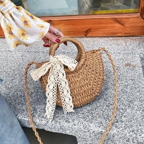 Leisure Solid Color Handmade Half-Round Rattan Woven Straw Bag Summer Women Messenger Crossbody Bags Girls Small Beach Handbag