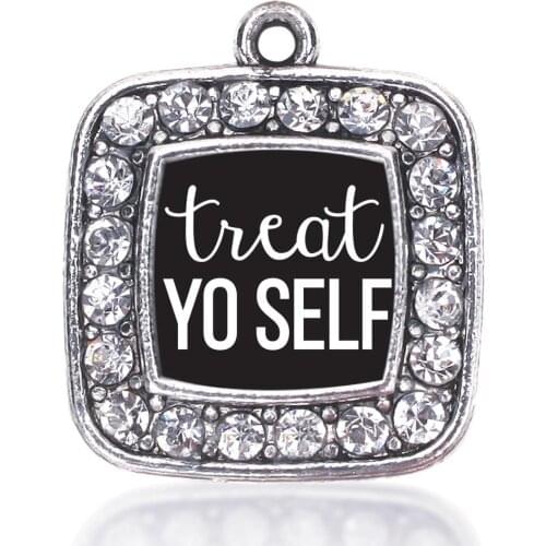 TREAT YO-SELF SQUARE CHARM ANTIQUE SILVER PLATED CRYSTAL JEWELRY