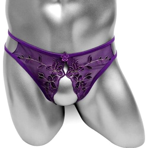 Floral Embroidery Sexy Sissy Panties Thong Open Crotch Mens Lingerie Underwear Low Rise Bikini G Strings Underpants