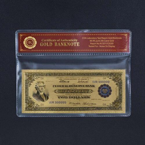 WR Home Decor Crafts 1918 2 Dollar American Gold Banknote Colorful Gold Plated Currency Paper Money Ornament Gifts Original Size