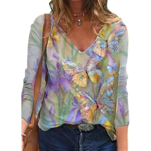 Spring Autumn White T-Shirt 2021 Casual Butterfly Print Pattern V-Neck Long-Sleeved Tees Shirts Street Women Clothing Plus Size