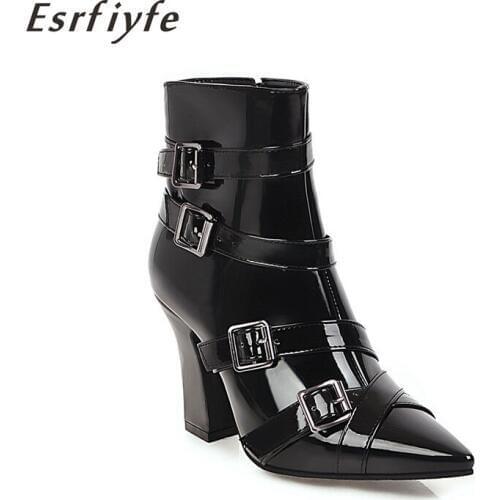 ESRFIYFE 2020 New Arrival Women Ankle Boots Buckle Pointed Toe Square High Heel Party Dress Shoes Sexy Autumn Winter Boots Woman