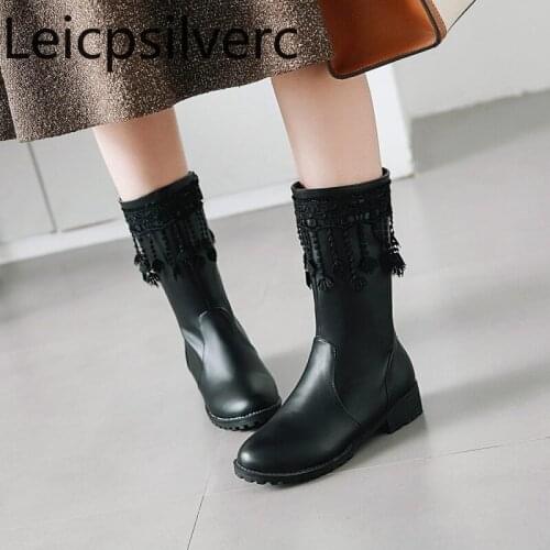 Womens Boots Autumn And Winter The New Round head zipper tassel Thick heel Low-heeled Middle tube Womens shoes plus size 34-43