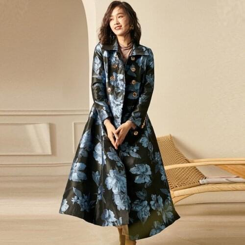Spring Autumn Women Clothes Double Breasted Dobby Blue Flower Trench Coat , Woman Female 3xl Floral Windbreaker Coats