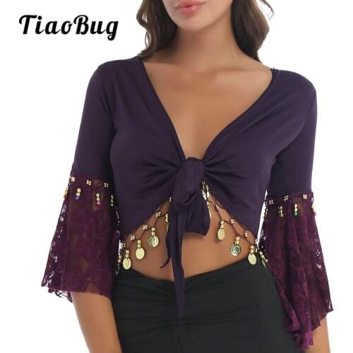 Lady Belly Dance Wrap Top Womens Front Tie Up Lace Flare Sleeve Gold Coin Dance Blouse Tops