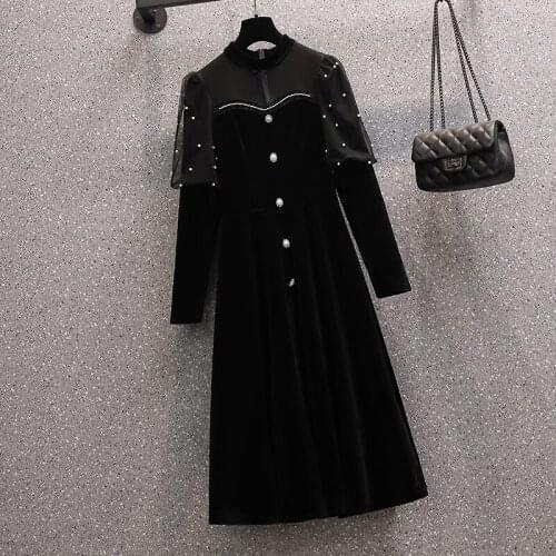 Beaded Velour Mesh Patchwork Button Black Womens Dress Long Sleeve O Neck Hepburn Ladies 2021 Spring Elegant Dresses 4XL Size