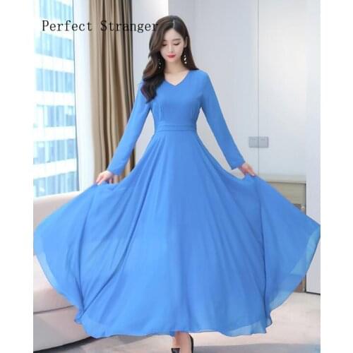 2020 Autumn New Arrival Hot Sale V Collar Long Sleeve Solid Color Women Chiffon Long Dress M-4XL