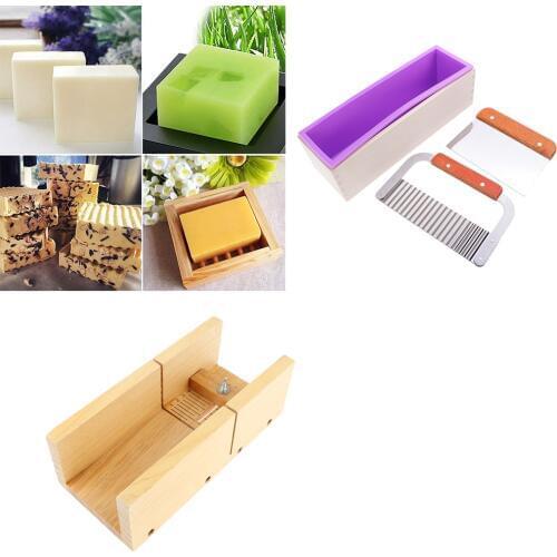 Wooden Soap Loaf Cutting Mould + Rectangle Silicone Soap Mould With Wood Box + 2pcs Wavy & Straight Cake Soap Cutter