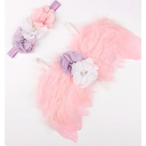 Elegant Newborn Baby Kids Feather artificial pearl Headband and Angel Wings Photo Props Baby Shower Christmas