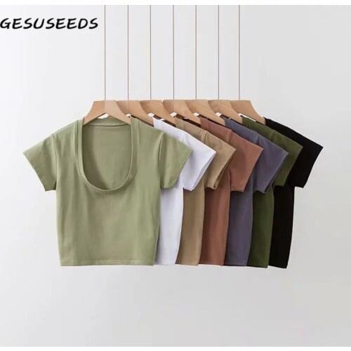 Vintage t shirt women casual shirts summer short sleeve tees korean joggers woman tshirts u neck cotton t shirt white green