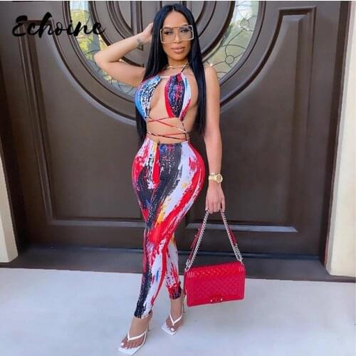 Halter Sexy Hollow Out Blackless Women Jumpsuits Bandage Sleeveless Club Party Active Wear Tie Dye Print Elastic Bodycon Outfits