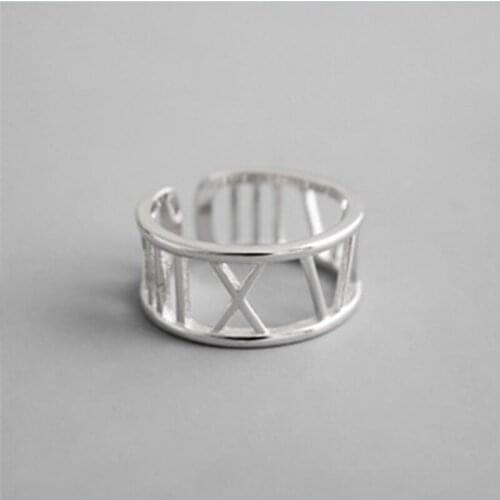 Korean S925 sterling silver open ring fashion personality cold landscape face hollow Roman numeral opening ring ins net red ring