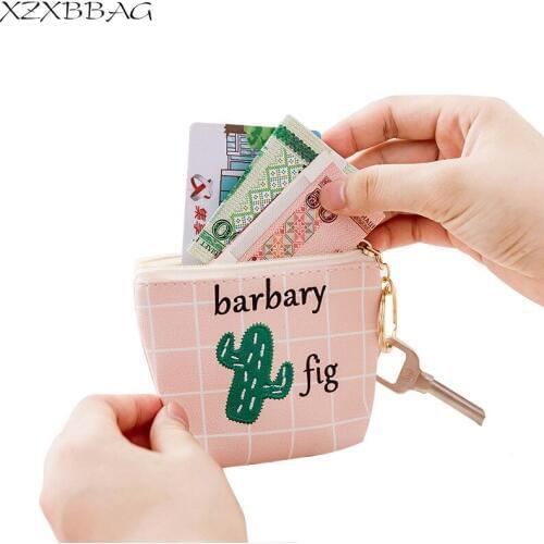 XZXBBAG PU Leather Women Coin Purse Cute Plant Cactus Zipper Pouch Small Wallet Student Girls Mini Keychain Zero Wallet XB275