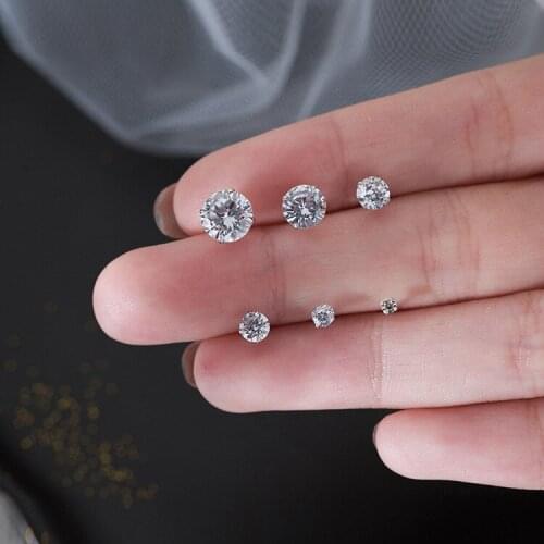 Cute 3/4/5/6/7/8mm Round Stud Earrings Male Female White Crystal Earrings 100% Real 925 Sterling Silver Earrings For Men Women
