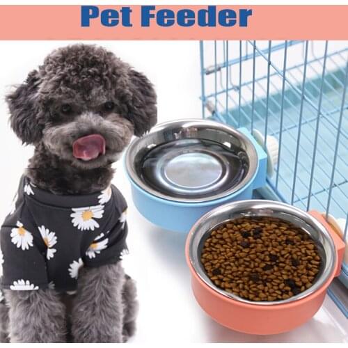 Pet Bowl Dog Cat Feeder Cage Fixed Hanging Stainless Steel Double Bowl Pets Feeding Supplies