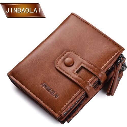 JINBAOLA Man Short PU Leather Wallet Double Zipper&Hasp Design Men Wallet Male Card Holder with Coin Pocket Purse Carteira