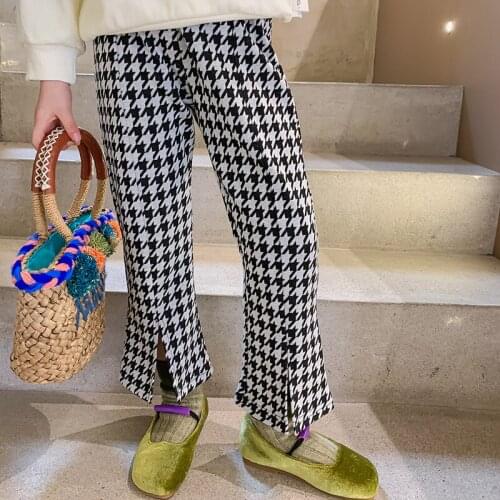 2021 Autumn New Korean Girl Houndstooth Bell Trousers Children Fashion Casual Split Pants Girls Clothes