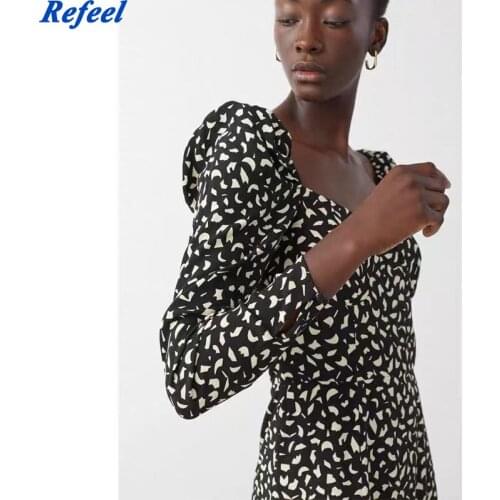 Autumn Clothes Black Print Woman Dress Vintage Smock Midi Dress Women Fall 2020 Long Sleeve Casual Back Elastic Ladies Dresses