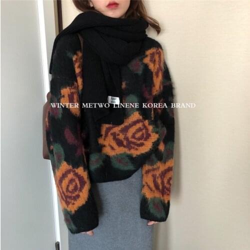 Korobov Vintage Casual Oversize Sweater Korean V Neck Long Sleeve Outwear Thick Pullovers Japanese Flower Mohair Autumn Winter