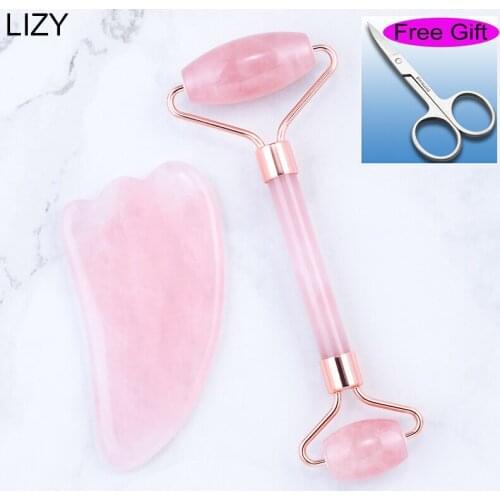 LIZY High Quality Pink Rose Quartz Natural Jade Stone Rollers Massager For Face Slimming Chin Skin Lift Up Facial Beauty Roller
