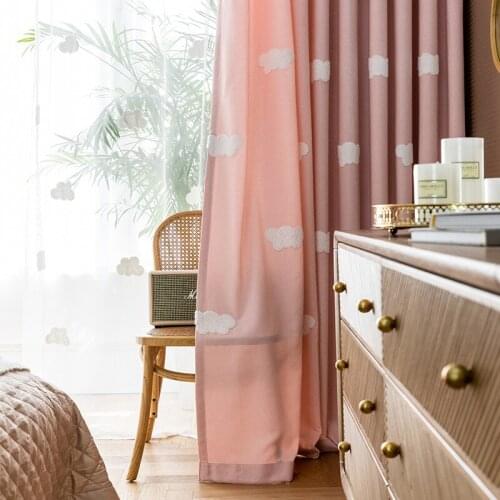 Embroidered Pink Curtains for childrens Room Cartoon cloud Tulle Window Curtain for Girls Bedroom Window Treatment Drapes