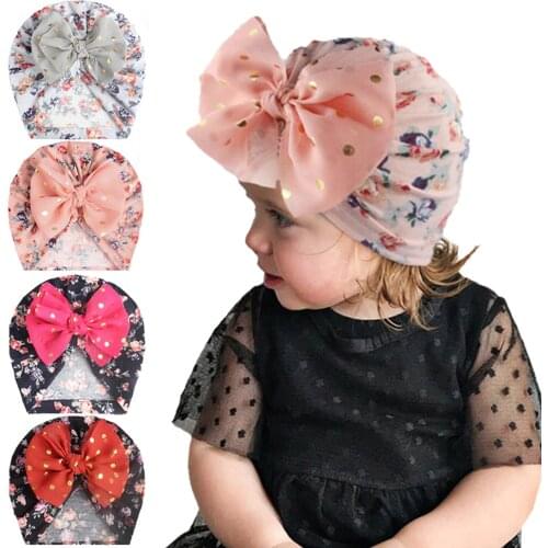 Baby Girls Knotted Bow Tip Hats Floral Print Turban Headb Hood Newborn Bow Headwear Hats Boy Girl Soft Toddler Beanie Cap Pink