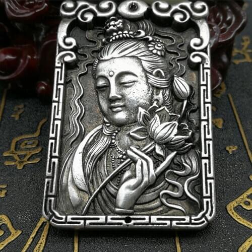 China coleccionable antiguo tallado de plata Miao Guanyin bodhisattva Kwan-yin collar de metal para manualidades