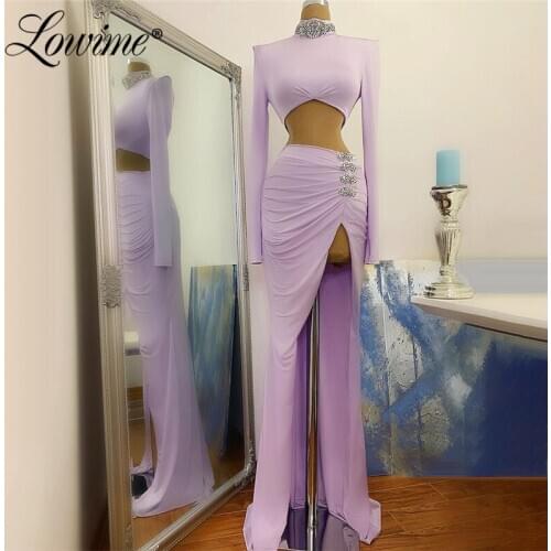 Lavender Cut-out Design Party Dress 2021 High Neck Crystals With High Split Side Long Evening Gown Hot Sexy Plus Size Prom Dress