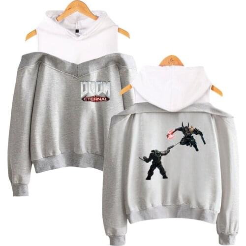 Sweatshirts Doom Eternal Off-shoulder Hoodie women Fashion Print Pullover Popular Sweatshirt Long Sleeve Strapless Hoodies Girls
