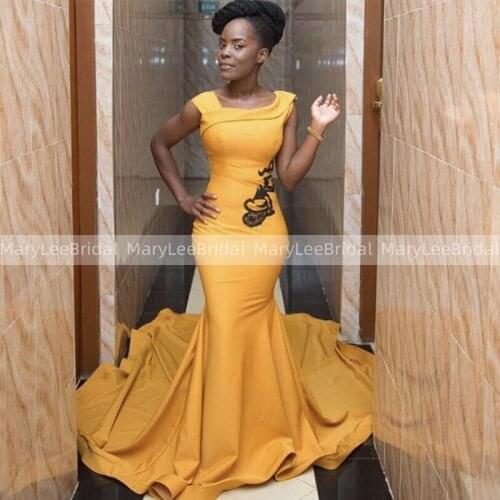 Mustard Yellow Mermaid Evening Dress With Black Applique Formal Party Gowns Long Chapel Train Trumpet Prom Gown robe de soiree