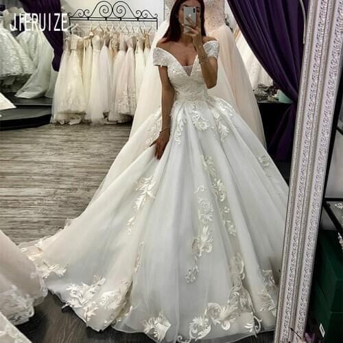 JIERUIZE Vintage White Ball Gown Wedding Dresses V Neck Short Sleeves Lace Up Back With Appliques Bride Dresses vestido de noiva