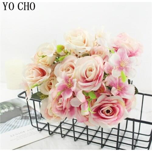 YO CHO1 Bunch 7 Forks Rose Hydrangea Silk Flower Artificial Flowers Rose Holding Wedding Bouquet For Home Party Table Decoration