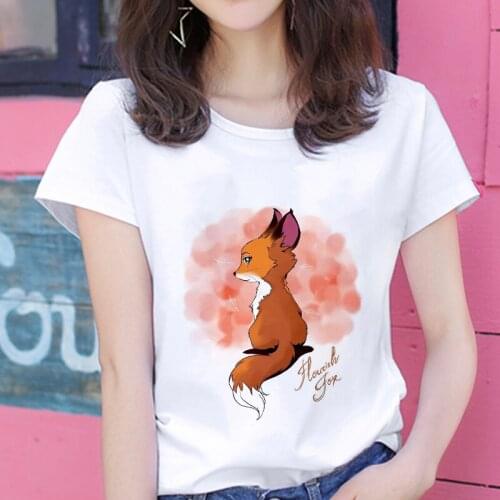 New kawaii fox printed T shirt Women hipster cute T-shirt female Fashion seasons Harajuku white 0-neck tops Tshirt