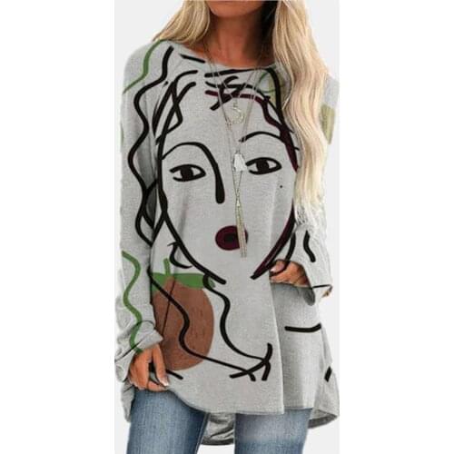 Women Long Sleeve Loose T-shirt Top O-neck Vintage Patchwork Abstract Womens Face Printing Shirt All-match Girls T-shirt