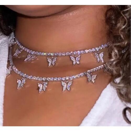 Flatfoosie Charm Crystal Butterfly Pendant Necklace Luxury Rhinestone Shining Tennis Chain Choker Necklace for Women Jewellery