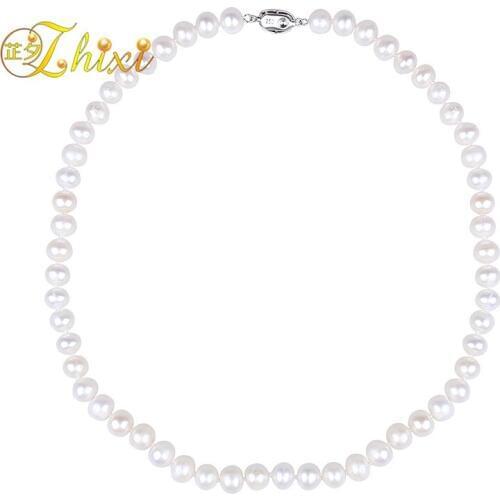 ZHIXI Natural Pearl Necklace Pearl Jewlery Real Fresh Water 8-9mm Near Round Collares Necklace Wedding Party For Women X230