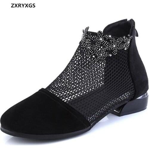 2021 New Round Toe Frosted Cowhide Mesh Rhinestone Sandals Fashion Shoes Black Thick Heels Plus Size summer Women Sandal Shoes