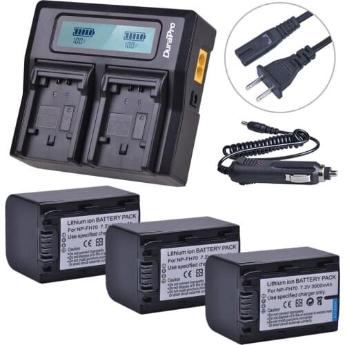 3Pc NP-FH70 3000mAh NP FH70 Battery + Rapid LCD Dual Charger for Sony NP-FH30 NP-FH40 NP-FH60 NP-FH50 NP-FH70 HDR-XR Series