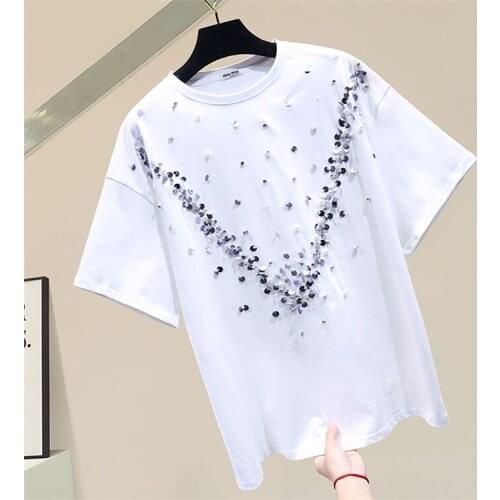 White Loose T-Shirt for Women Casual Round Neck Sequines Cotton Short-Sleeved Shirts Female 2021 New Spring Summer Top