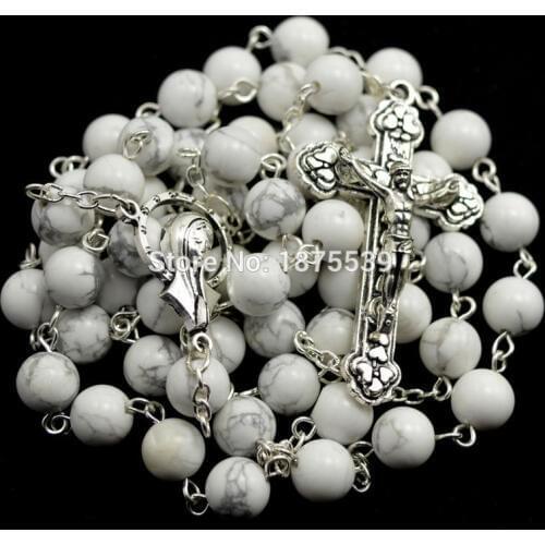 White natural stone beads catholic rosary packed in box 12 stars madonna rosary centerpiece
