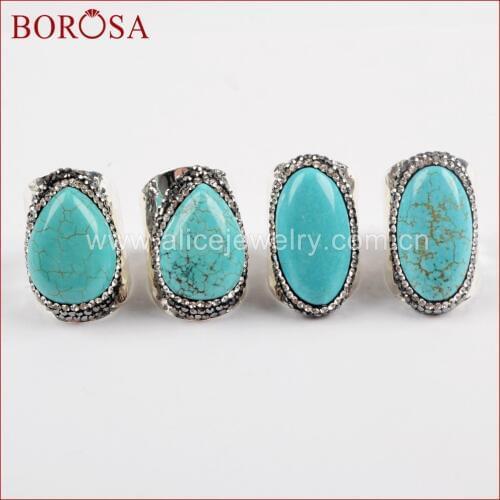 BOROSA 5/10PCS Mixed Shapes Blue Howlite Silver Plated Band Ring Rhinestone Pave Blue Stone Gems Ring Fashion Jewelry JAB921