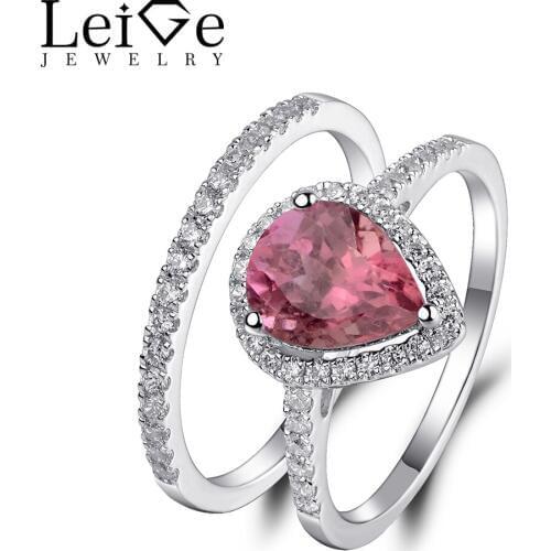 Leige Jewelry Tourmaline Ring Natural Gemstone Pear Cut 925 Silver Fine Wedding Promise Rings Set for Women Anniversary Gift
