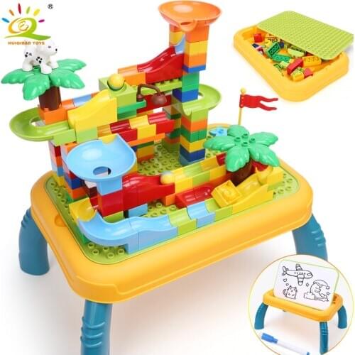 HUIQIBAO Big Size Building Blocks Multifunctional Desk City Bricks Study Learning Table Drawing Painting Board Toys Children