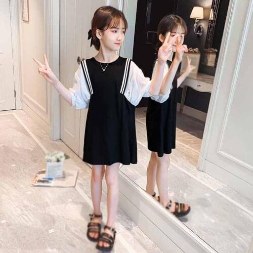 Summer Girl Big Girls Dress British Style Fashion Stitching Children Clothing Striped Loose Sports School Outdoor T-Shirt Dress