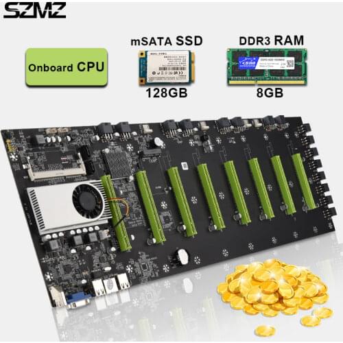 SZMZ mining motherboard 8 GPU PCIe x16 with CPU +128GB mSATA SDD 8GB DDR3 RAM mineradora eth miner non x99 base plate Combo Set